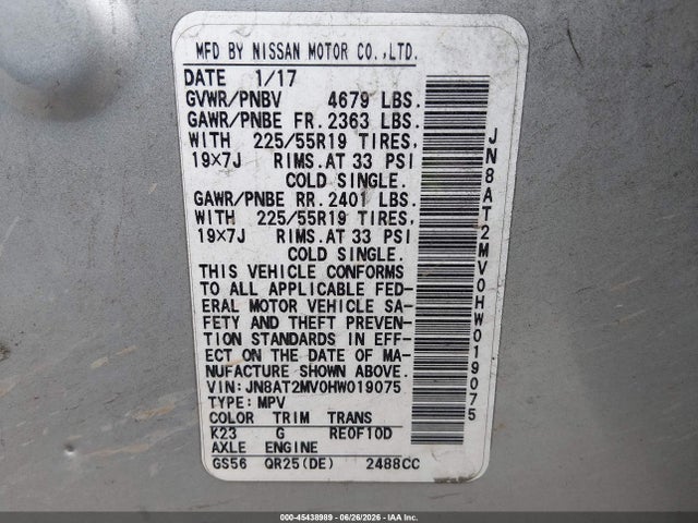 Aukcja sprzedaży 2017 Nissan Rogue Sl, vin: JN8AT2MV0HW019075, numer aukcji: 45438989