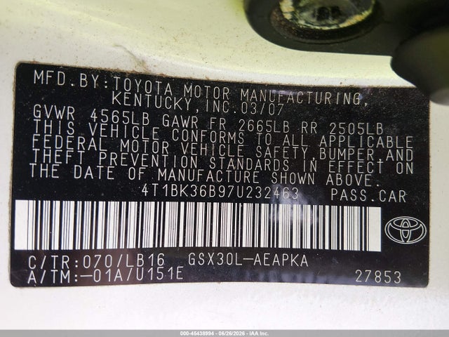Aukcja sprzedaży 2007 Toyota Avalon Limited, vin: 4T1BK36B97U232463, numer aukcji: 45438994