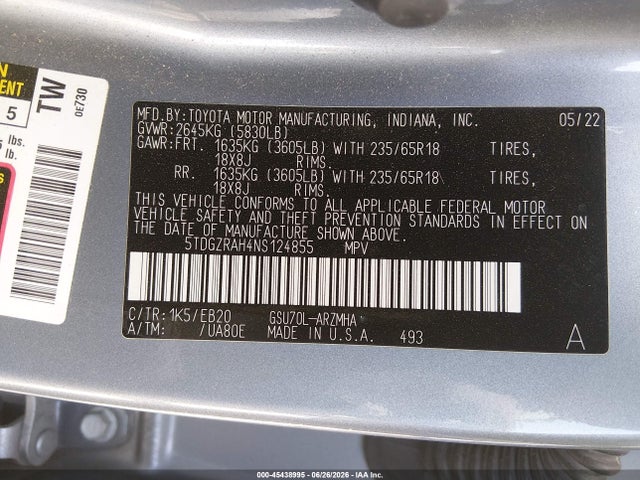 5TDGZRAH4NS124855 Toyota Highlander Xle