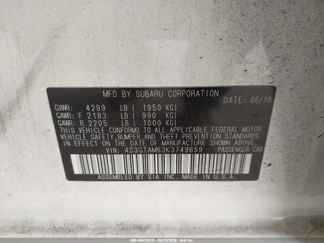 Продаж на аукціоні авто 2019 Subaru Impreza 2.0i Sport, vin: 4S3GTAM63K3749659, номер лоту: 45439030