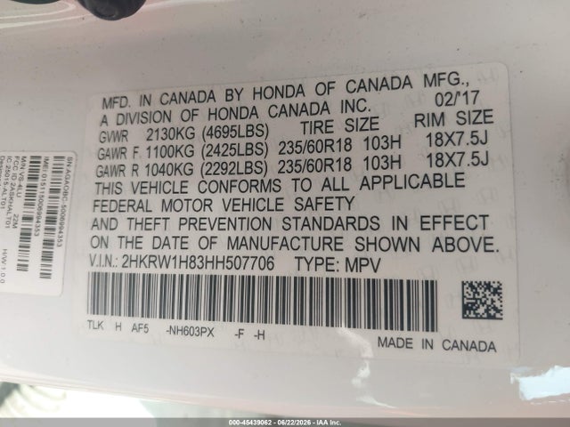 2017 Honda Cr-v Ex-l/ex-l Navi მანქანა იყიდება აუქციონზე, vin: 2HKRW1H83HH507706, აუქციონის ნომერი: 45439062