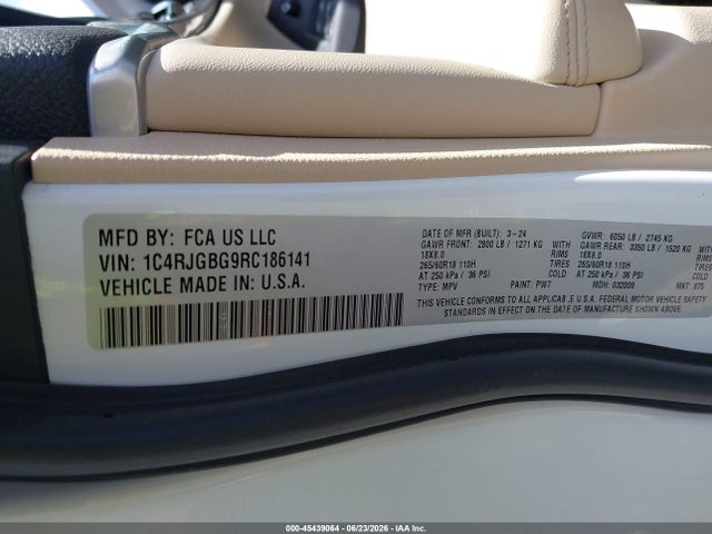 45439064 :رقم المزاد ، 1C4RJGBG9RC186141 vin ، 2024 Jeep Grand Cherokee Limited 4x2 مزاد بيع
