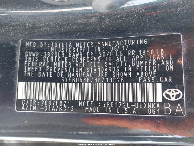 2017 Toyota Corolla Le მანქანა იყიდება აუქციონზე, vin: 5YFBURHE7HP718826, აუქციონის ნომერი: 45439094