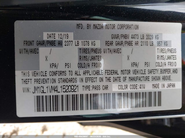 2020 Mazda Mazda6 Touring მანქანა იყიდება აუქციონზე, vin: JM1GL1VM4L1520921, აუქციონის ნომერი: 45439097