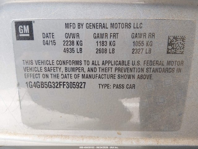 2015 Buick Lacrosse Leather მანქანა იყიდება აუქციონზე, vin: 1G4GB5G32FF305927, აუქციონის ნომერი: 45439103