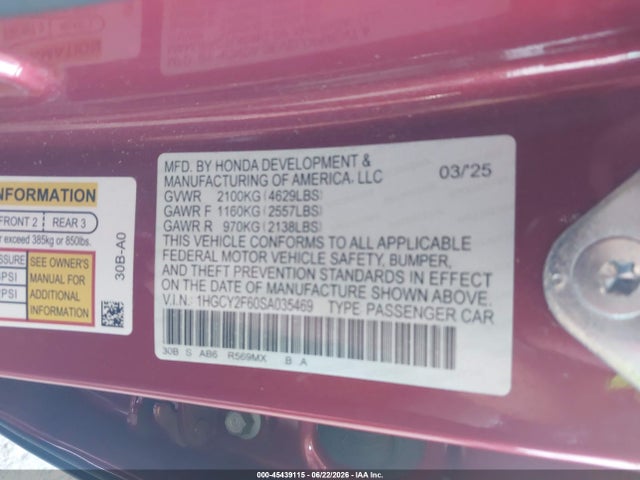 1HGCY2F60SA035469 Honda Accord Hybrid Ex-l