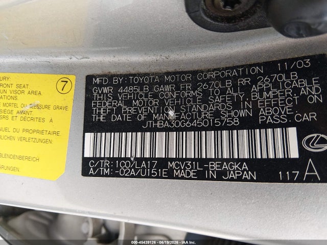 Auction sale of the 2004 Lexus Es 330, vin: JTHBA30G645015758, lot number: 45439126