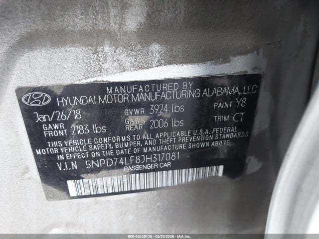 5NPD74LF8JH317081 Hyundai ELANTRA SE