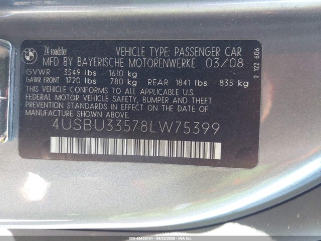 Продажа на аукционе авто 2008 Bmw Z4 3.0i, vin: 4USBU33578LW75399, номер лота: 45439141