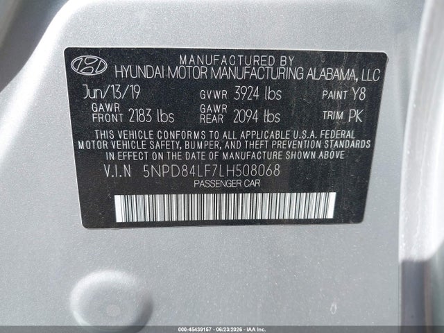 45439157 :رقم المزاد ، 5NPD84LF7LH508068 vin ، 2020 Hyundai Elantra Sel مزاد بيع