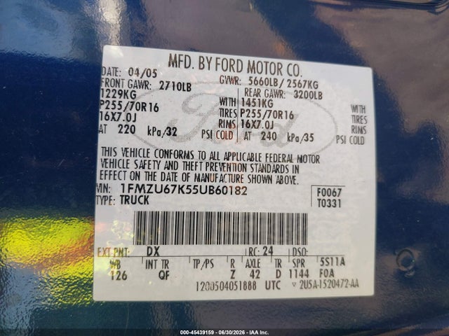 45439159 :رقم المزاد ، 1FMZU67K55UB60182 vin ، 2005 Ford Explorer Sport Trac Adrenalin/xls/xlt مزاد بيع