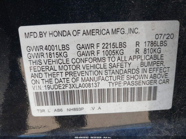 Aukcja sprzedaży 2020 Acura Ilx Standard, vin: 19UDE2F3XLA008137, numer aukcji: 45439162
