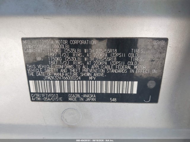 Aukcja sprzedaży 2006 Toyota Rav4 Sport V6, vin: JTMZK32V766000224, numer aukcji: 45439181