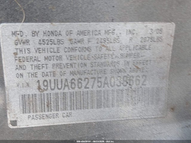Aukcja sprzedaży 2005 Acura Tl, vin: 19UUA66275A038662, numer aukcji: 45439191