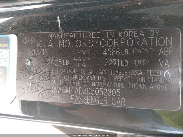 45439193 :رقم المزاد ، KNAGM4AD3D5052305 vin ، 2013 Kia Optima Hybrid Lx مزاد بيع