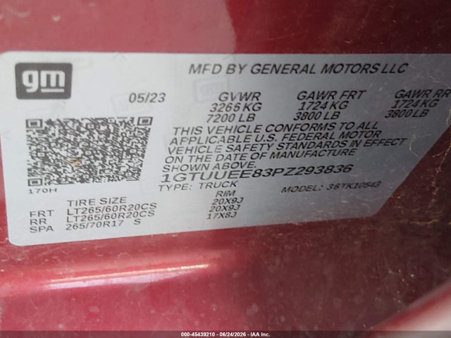 45439210 :رقم المزاد ، 1GTUUEE83PZ293836 vin ، 2023 Gmc Sierra 1500 4wd  Short Box At4 مزاد بيع