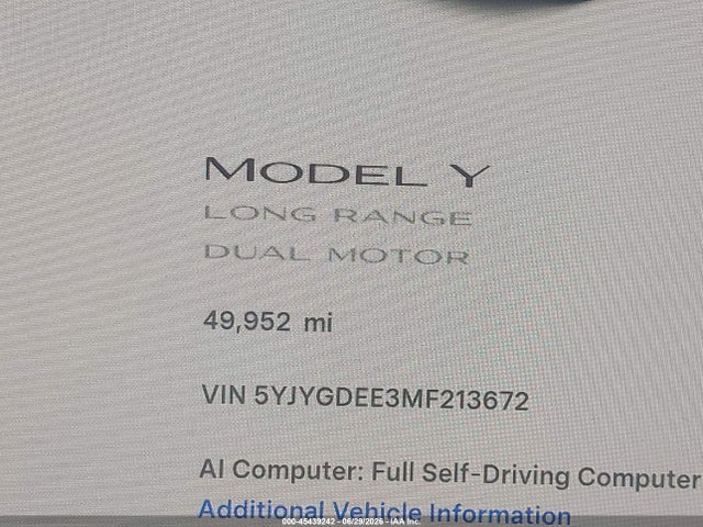Продажа на аукционе авто 2021 Tesla Model Y Long Range Dual Motor All-wheel Drive, vin: 5YJYGDEE3MF213672, номер лота: 45439242