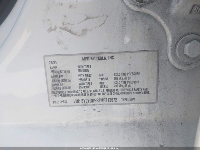 Aukcja sprzedaży 2021 Tesla Model Y Long Range Dual Motor All-wheel Drive, vin: 5YJYGDEE3MF213672, numer aukcji: 45439242