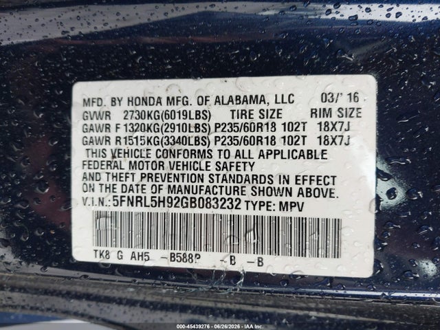 5FNRL5H92GB083232 Honda Odyssey Touring/touring Elite