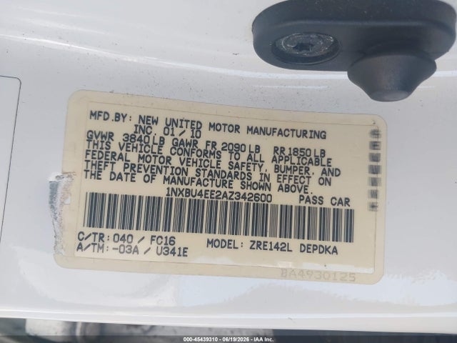 2010 Toyota Corolla Le მანქანა იყიდება აუქციონზე, vin: 1NXBU4EE2AZ342600, აუქციონის ნომერი: 45439310