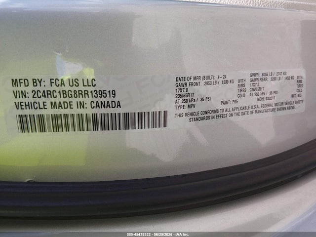 Продажа на аукционе авто 2024 Chrysler Pacifica Touring L, vin: 2C4RC1BG8RR139519, номер лота: 45439322