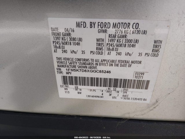 Ford EXPLORER XLT 2016 1FM5K7D8XGGC85246 Image 9