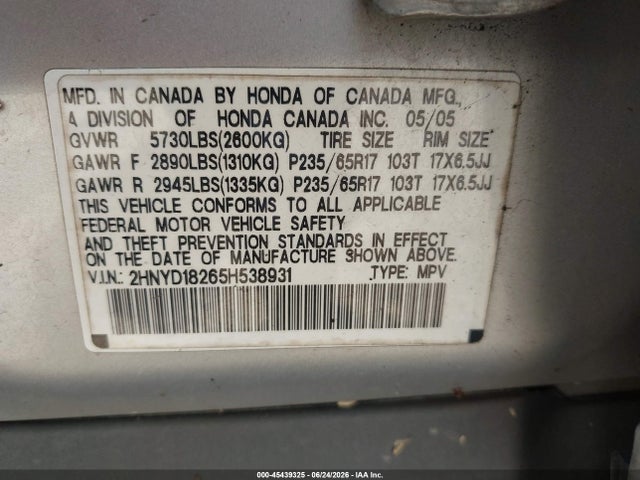45439325 :رقم المزاد ، 2HNYD18265H538931 vin ، 2005 Acura Mdx مزاد بيع
