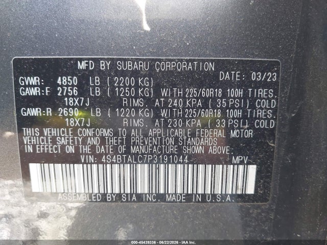 Продажа на аукционе авто 2023 Subaru Outback Onyx Edition, vin: 4S4BTALC7P3191044, номер лота: 45439336