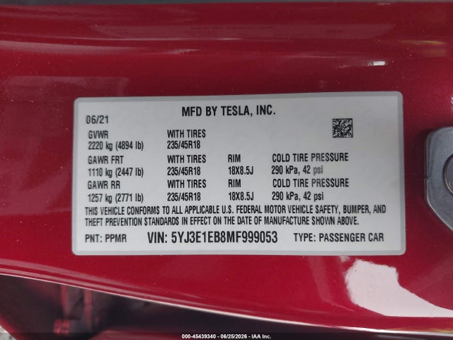 Aukcja sprzedaży 2021 Tesla Model 3 Long Range, vin: 5YJ3E1EB8MF999053, numer aukcji: 45439340