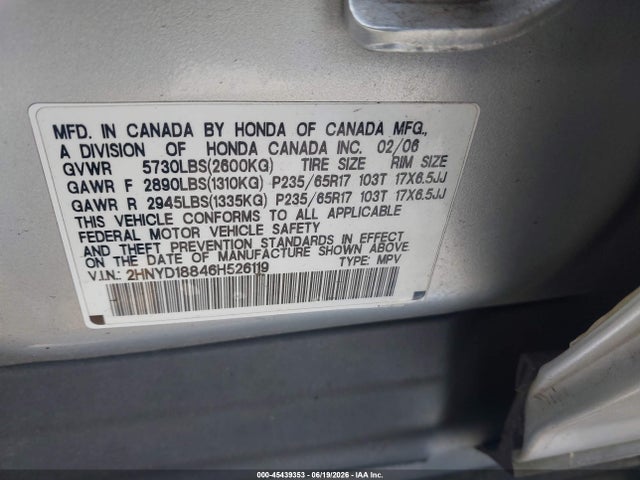 Продаж на аукціоні авто 2006 Acura Mdx, vin: 2HNYD18846H526119, номер лоту: 45439353