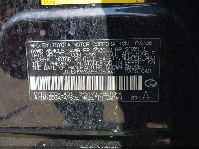 45439397 :رقم المزاد ، JTHBH96S365038363 vin ، 2006 Lexus Gs 300 مزاد بيع