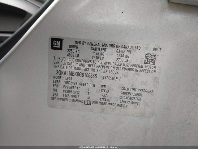 Продаж на аукціоні авто 2016 Gmc Terrain Sle-1, vin: 2GKALMEK8G6108336, номер лоту: 45439407
