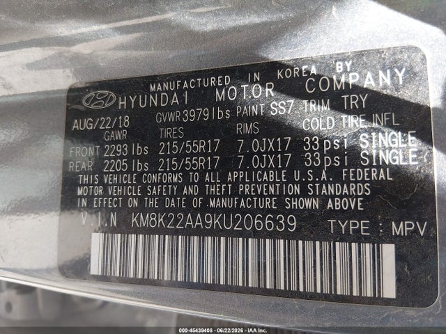 2019 Hyundai Kona Sel მანქანა იყიდება აუქციონზე, vin: KM8K22AA9KU206639, აუქციონის ნომერი: 45439408