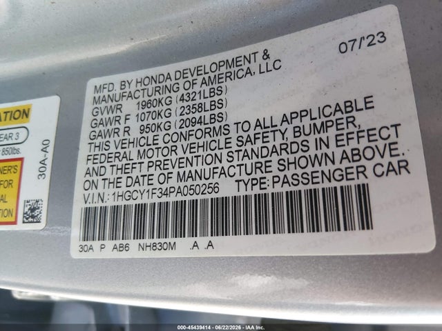 2023 Honda Accord Ex მანქანა იყიდება აუქციონზე, vin: 1HGCY1F34PA050256, აუქციონის ნომერი: 45439414
