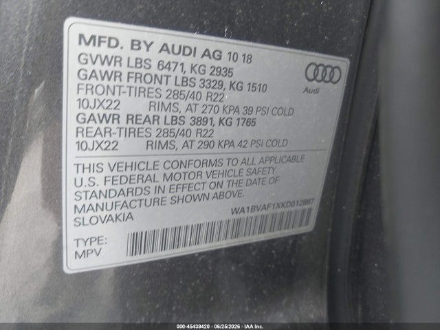 Продаж на аукціоні авто 2019 Audi Q8 55 Premium, vin: WA1BVAF1XKD012887, номер лоту: 45439420