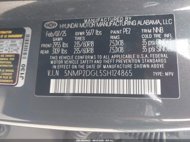 Продажа на аукционе авто 2025 Hyundai Santa Fe Sel, vin: 5NMP2DGL5SH124865, номер лота: 45439422
