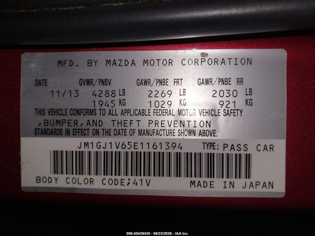 Aukcja sprzedaży 2014 Mazda Mazda6 I Touring, vin: JM1GJ1V65E1161394, numer aukcji: 45439430