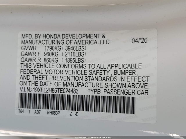 19XFL2H86TE024483 Honda Civic Sport