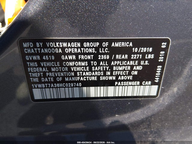 1VWBT7A36HC029740 Volkswagen Passat 1.8t Se