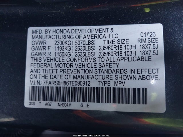 7FARS6H86TE090912 Honda Cr-v Hybrid Awd Sport-l