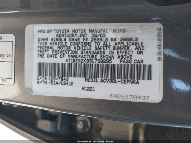 45439499 :رقم المزاد ، 4T1BE32K93U759295 vin ، 2003 Toyota Camry Le مزاد بيع