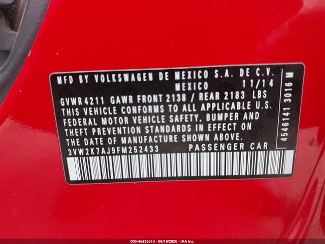 Продаж на аукціоні авто 2015 Volkswagen Jetta 2.0l S, vin: 3VW2K7AJ9FM252433, номер лоту: 45439514