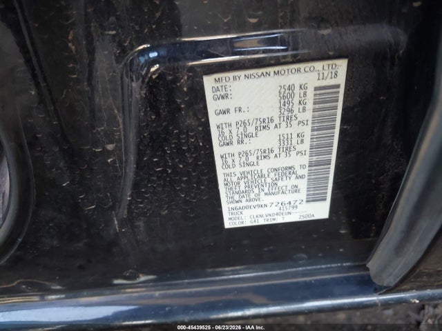 45439525 :رقم المزاد ، 1N6AD0EV9KN726472 vin ، 2019 Nissan Frontier Pro-4x مزاد بيع