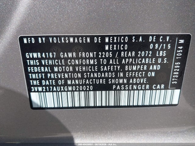 3VW217AUXGM020020 Volkswagen Golf Tsi Se 4-door