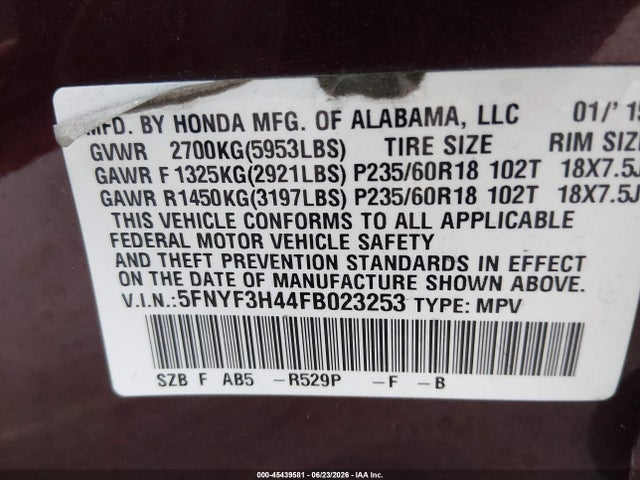 Honda Pilot Ex 2015 5FNYF3H44FB023253 Image 9