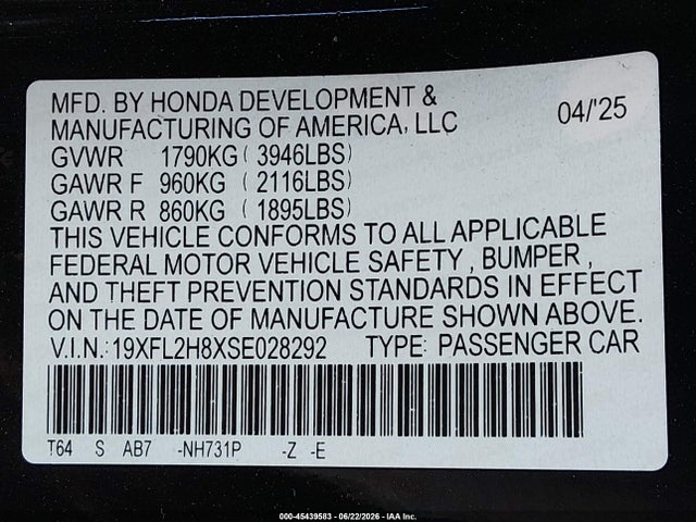 19XFL2H8XSE028292 Honda Civic Sedan Sport
