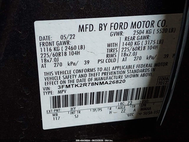 Продажа на аукционе авто 2022 Ford Mustang Mach-e California Route 1, vin: 3FMTK2R78NMA26820, номер лота: 45439584