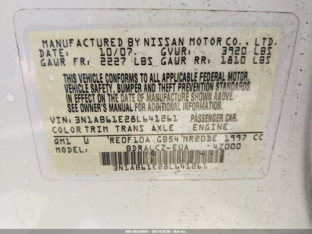 45439597 :رقم المزاد ، 3N1AB61E28L641261 vin ، 2008 Nissan Sentra 2.0 مزاد بيع