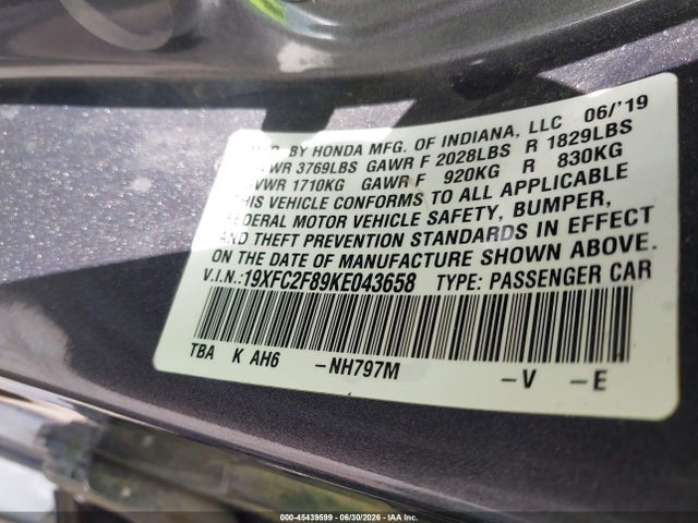 2019 Honda Civic Sport მანქანა იყიდება აუქციონზე, vin: 19XFC2F89KE043658, აუქციონის ნომერი: 45439599