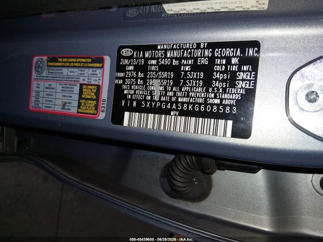 2019 Kia Sorento 3.3l S მანქანა იყიდება აუქციონზე, vin: 5XYPG4A58KG608583, აუქციონის ნომერი: 45439608